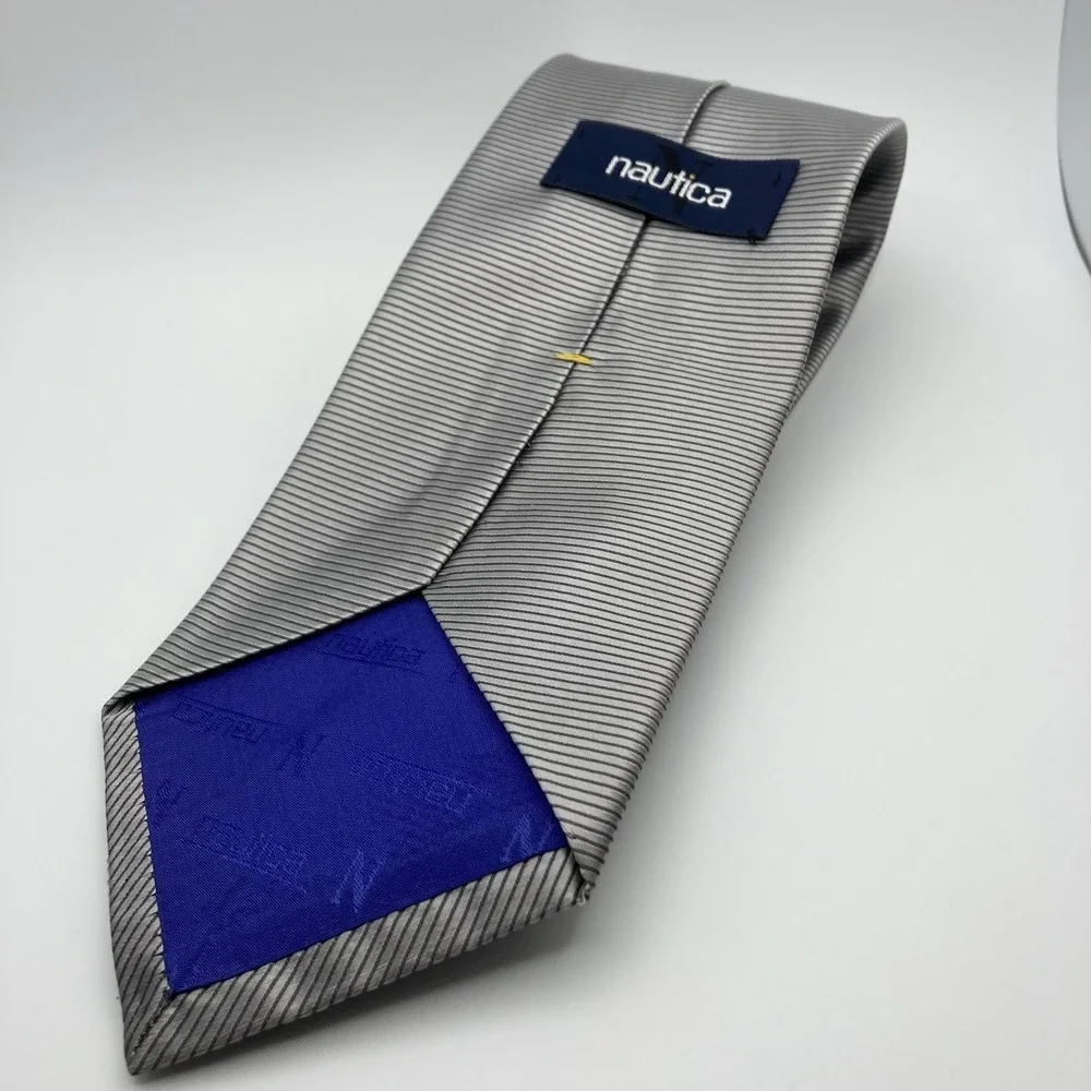 NAUTICA Tie MENS 100% Silk‎ Necktie Silver Black Striped